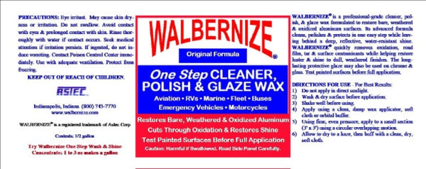 Walbernize One Step Cleaner, Polish & Glaze Wax packaging with text and logo.