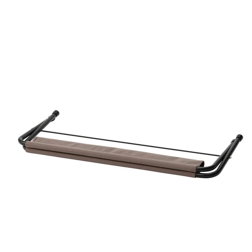 The Snow Peak Folding Grey Bench, featuring sturdy aluminum legs and a light brown fabric seat with black metal framing, is designed to hold shoes or small items—making it a versatile camp essential. Shown on a white background.
