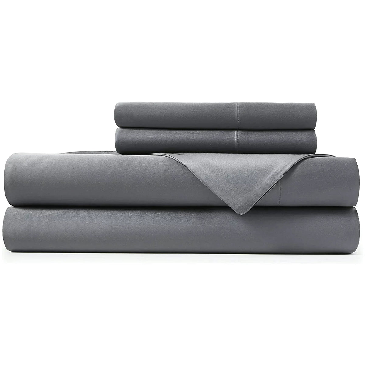 A neatly folded set of Airstream Custom 500 Thread Count Sheets for Excella Travel Trailers, in dark gray, including two pillowcases, a flat sheet, and a fitted sheet crafted from luxury cotton, arranged on a white background.