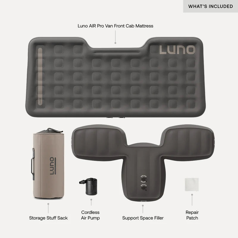 Touring Coach Front Cab Air Mattress by Luno shown with included items: storage stuff sack, cordless air pump, support space filler, and repair patch—your ultimate van sleeping solution for any adventure.