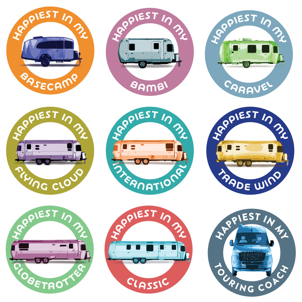 Showcase your love for classic campers with the Happiest in My Airstream Stickers—a set of nine colorful circular adventure vinyl decals. Each sticker highlights a unique style of camper or trailer, featuring names like Basecamp, Bambi, Caravel, Flying Cloud, International, Trade Wind, Globetrotter, Classic, and Touring Coach displayed above and below vibrant illustrations. Perfect for collectors or enthusiasts looking for distinctive Airstream stickers or travel trailer stickers to celebrate their passion.