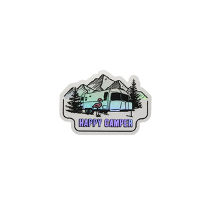 Sticker with mountain scene and happy camper 