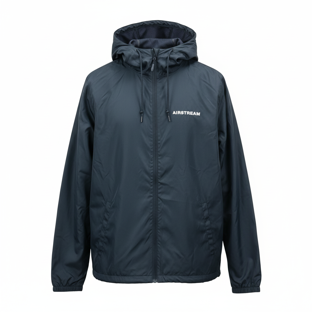 Introducing the Airstream Windbreaker Full-Zip Jacket: a navy blue hooded jacket with AIRSTREAM proudly printed in white on the left chest. Designed with travel enthusiasts in mind, this stylish windbreaker features easy-to-use hood drawstrings and elastic sleeve cuffs for a secure, comfortable fit.