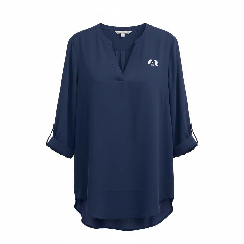 The Airstream Women’s Tunic Blouse is a navy blue, long-sleeve top featuring a V-neck and buttoned cuffs, with a small white dog logo on the left chest. Designed for comfort, this versatile tunic has a slightly longer back hem, making it perfect for any occasion.