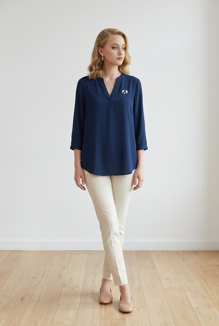 A woman stands indoors on a light wooden floor against a white wall, wearing the navy Airstream Women’s Tunic Blouse adorned with a brooch, paired with ivory pants and beige heels.