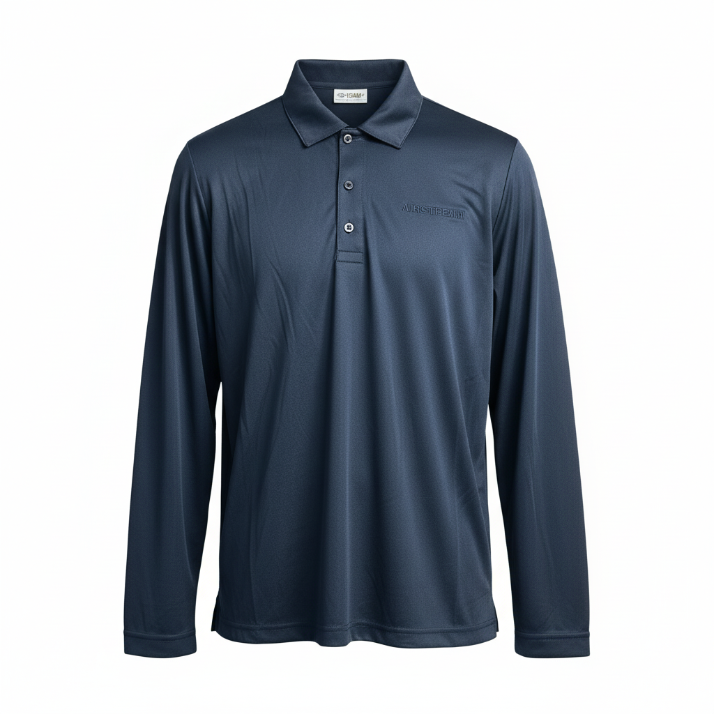 The Airstream Performance Long Sleeve Polo is showcased against a white background. This navy blue shirt features a classic collared design with front buttons and moisture-wicking fabric, delivering an ideal combination of style and comfort for men’s casual long sleeve wear on any occasion.