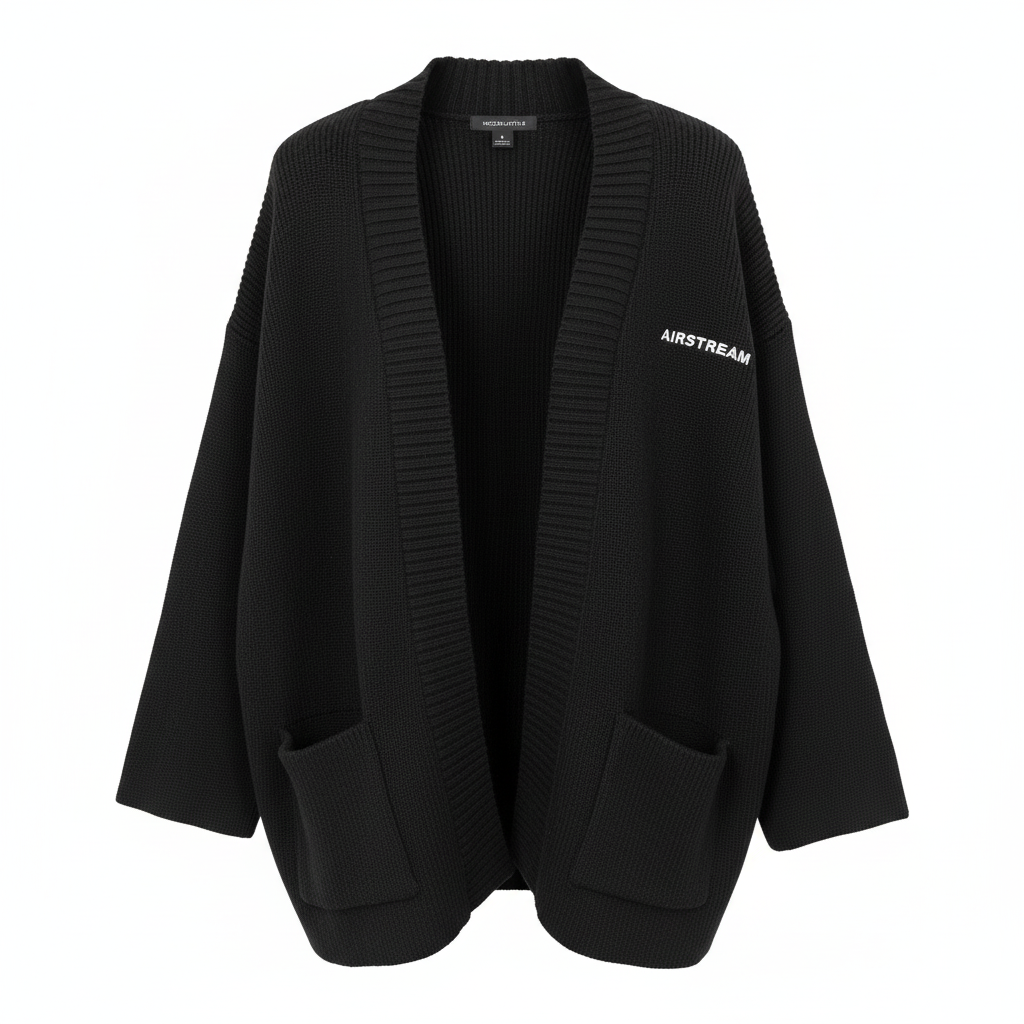 Introducing the Airstream Women’s Knit Pocket Cardigan—an oversized black classic cardigan featuring two front pockets and “AIRSTREAM” embroidered in white on the upper left chest. Made from soft knit fabric, this wardrobe staple is designed with a ribbed collar and a relaxed fit for ultimate comfort.