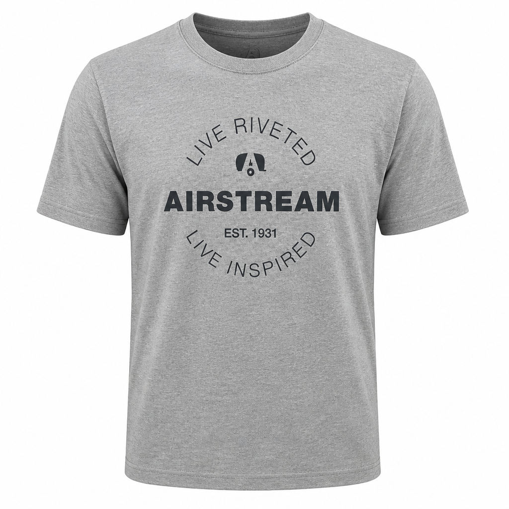 The Airstream Live Riveted Men’s T-Shirt is crafted from heavyweight gray cotton and features bold black lettering—LIVE RIVETED, AIRSTREAM, EST. 1931, and LIVE INSPIRED—along with a small rivet graphic above “AIRSTREAM,” making it the ideal way to display your love for classic Airstream style.