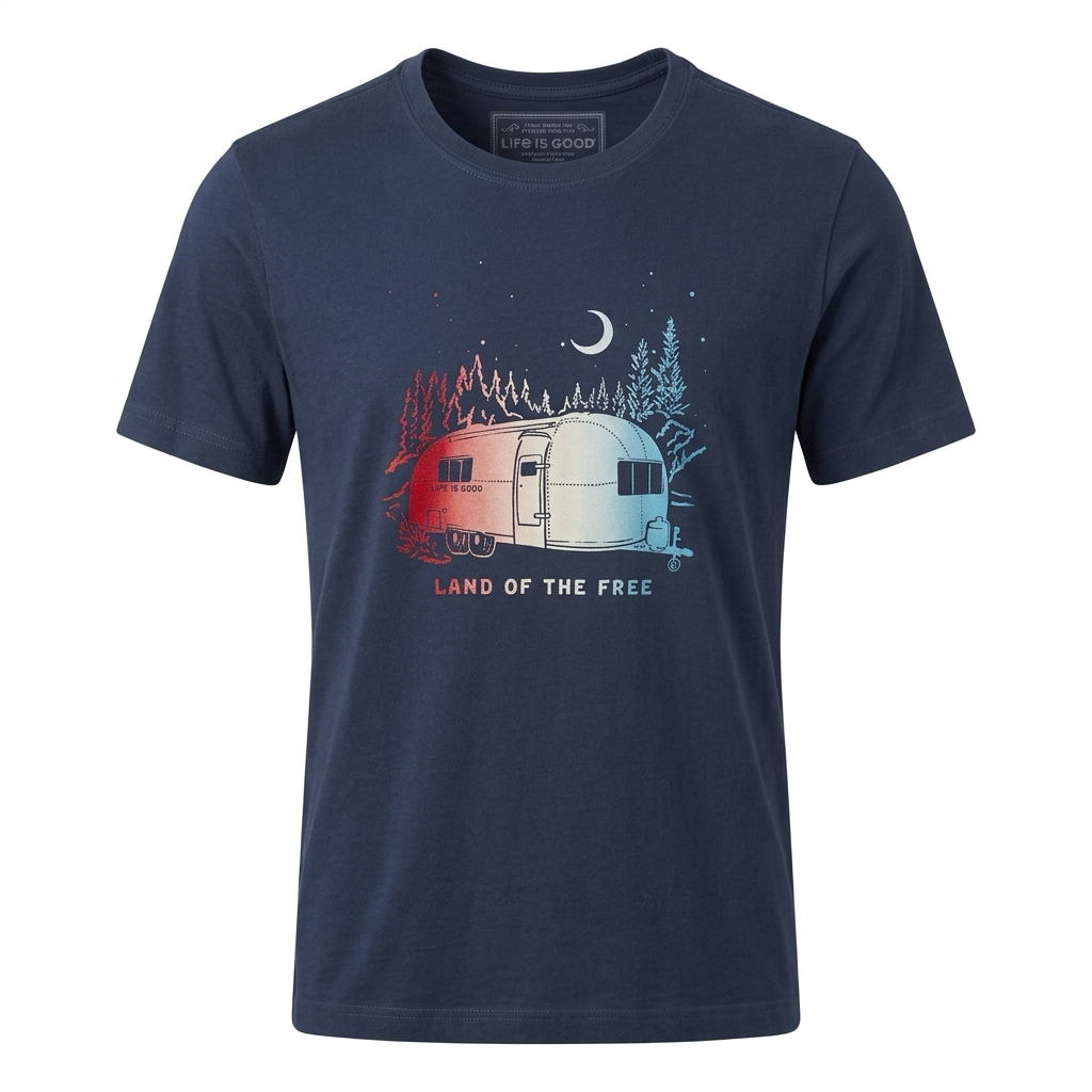 Navy blue crew-neck Airstream America Land of the Free Crusher T-Shirt by Life is Good® featuring a vintage Airstream trailer in a forest under a crescent moon with the text LAND OF THE FREE.