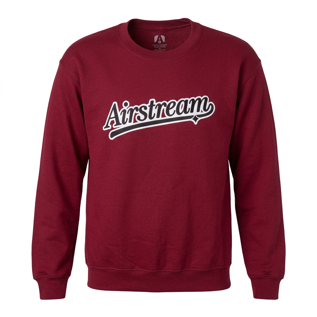 The Pursuit of Airstream Sweatshirt is a maroon crewneck for adventure seekers featuring the word Airstream in a white script font across the chest.