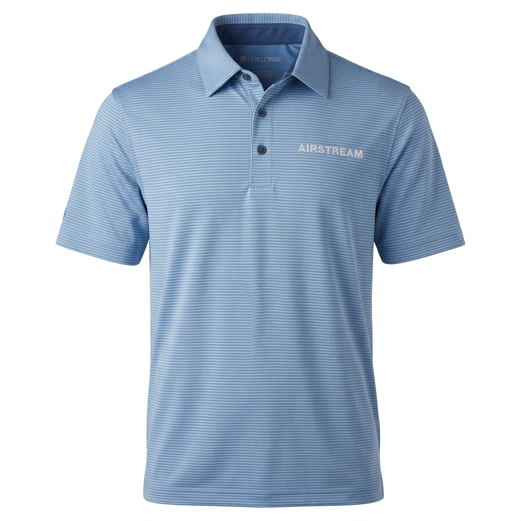 Airstream Waypoint Performance Polo in blue, featuring short sleeves, thin horizontal stripes, and the word AIRSTREAM embroidered on the left chest.
