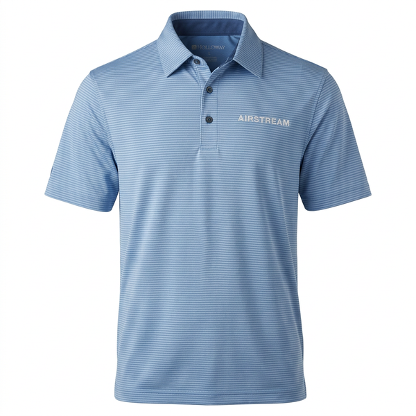 Airstream Waypoint Performance Polo in blue, featuring short sleeves, thin horizontal stripes, and the word AIRSTREAM embroidered on the left chest.