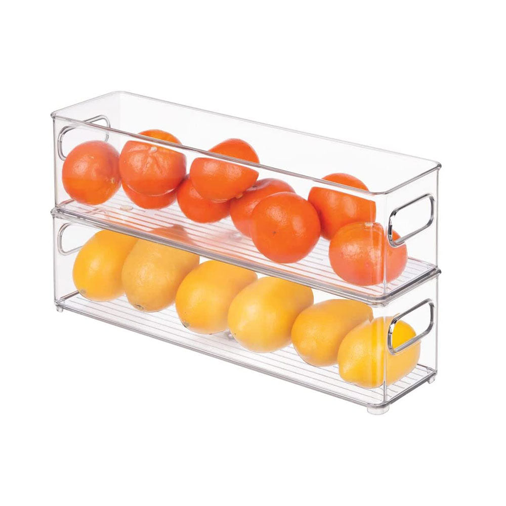 Two Stackable Fridge/Pantry Storage Bins, each measuring 14 x 4 x 4, are stacked neatly on a white background. The top transparent organizer holds oranges while the bottom bin contains lemons. Both BPA-free bins feature convenient side handles for easy access and organization.