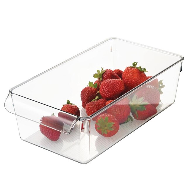 A Storage Bin with Pull Handle, made of clear rectangular BPA-free plastic, holds several fresh red strawberries with green stems and is displayed on a white background.
