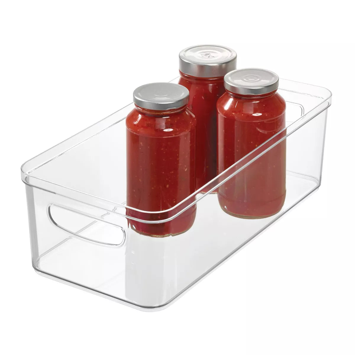 A Storage Bin, 16 x 8 x 5, with handles, holds three sealed glass jars filled with red tomato sauce, neatly organized upright inside the clear plastic bin on a white background.