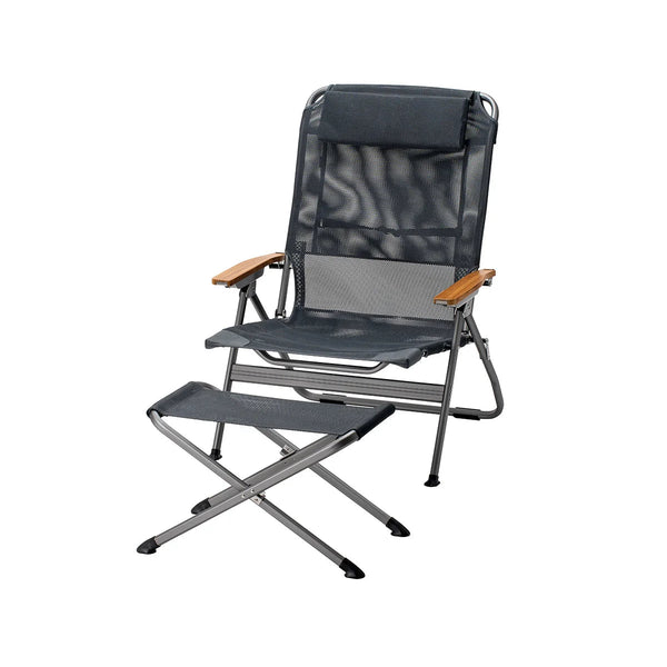 Gray camping chair with wooden armrests on a white background
