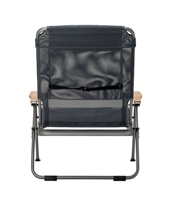 A folding outdoor chair with a black mesh backrest, a black horizontal support strap across the middle, and light brown wooden armrests on a dark metal frame, shown from the back against a white background.