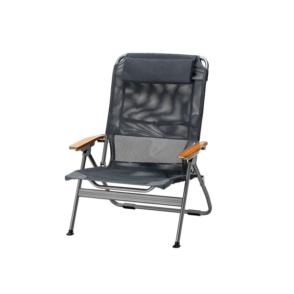 Gray camping chair with mesh back and wooden armrests on a white background