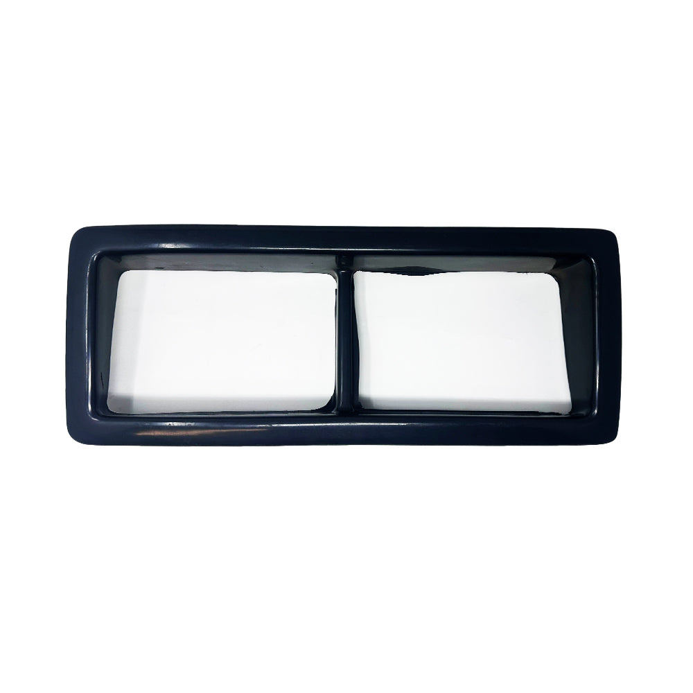 The NLA Airstream Headlight Trim Ring for Land Yacht (Part # 201883) is a rectangular, black plastic trim ring with two separate openings, ideal as a replacement part for your Airstream Land Yacht and shown here against a white background.