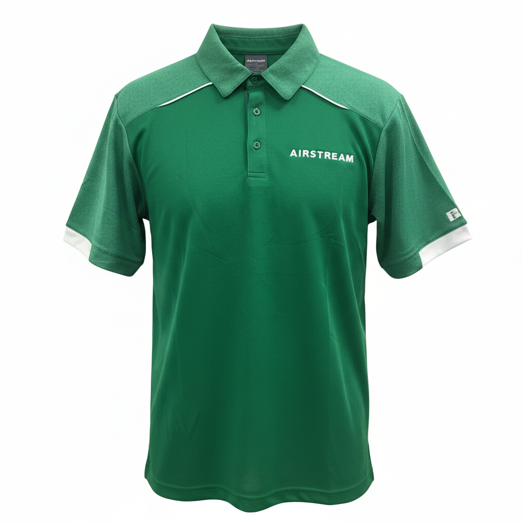 The Airstream Legends Performance Polo is a green, short-sleeved polo shirt featuring a collared neckline, white trim on the sleeves, and “AIRSTREAM” printed on the left chest. Made from breathable, moisture-wicking fabric, it keeps you cool and comfortable throughout the day.