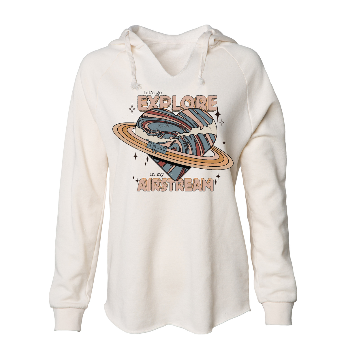 Introducing the Airstream Let’s Go Explore Women’s Sweatshirt—a cream-colored hoodie showcasing a retro-style RV graphic driving through Saturn-like rings and stars. With “Let’s go EXPLORE in my AIRSTREAM” printed on the front, this cozy sweatshirt features a convenient drawstring hood, making it the perfect choice for outdoor adventures and anyone who loves to explore.