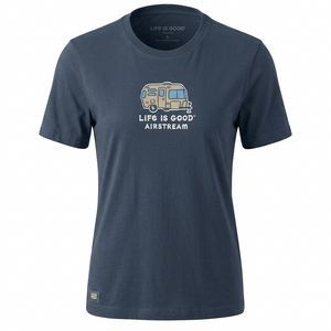 A navy blue short-sleeve crewneck t-shirt with a vintage-style camper graphic and the text 'LIFE IS GOOD AIRSTREAM' printed on the chest, displayed against a solid white background.