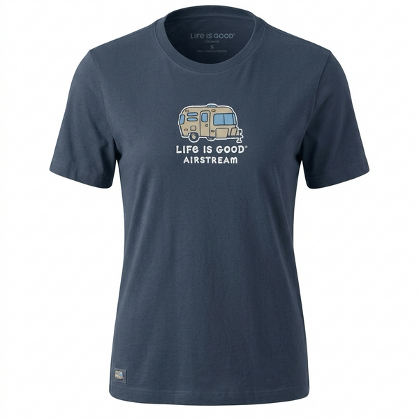 A navy blue short-sleeve crewneck t-shirt with a vintage-style camper graphic and the text 'LIFE IS GOOD AIRSTREAM' printed on the chest, displayed against a solid white background.