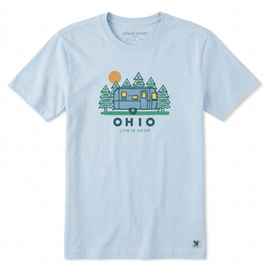 Light blue Airstream Ohio Crusher T-Shirt by Life is Good® featuring a vintage Airstream camper graphic in front of pine trees and a yellow sun, with the word OHIO printed below.