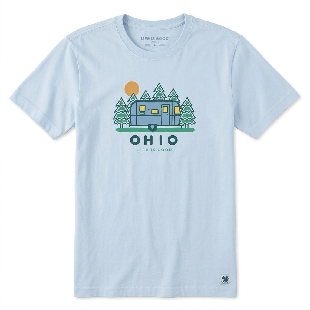 Light blue Airstream Ohio Crusher T-Shirt by Life is Good® featuring a vintage Airstream camper graphic in front of pine trees and a yellow sun, with the word OHIO printed below.