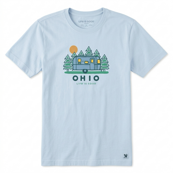 Light blue Airstream Ohio Crusher T-Shirt by Life is Good® featuring a vintage Airstream camper graphic in front of pine trees and a yellow sun, with the word OHIO printed below.