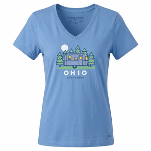 Light blue short-sleeved V-neck Airstream Ohio Crusher T-Shirt by Life is Good® featuring an Airstream camper parked among trees with the word OHIO printed below.