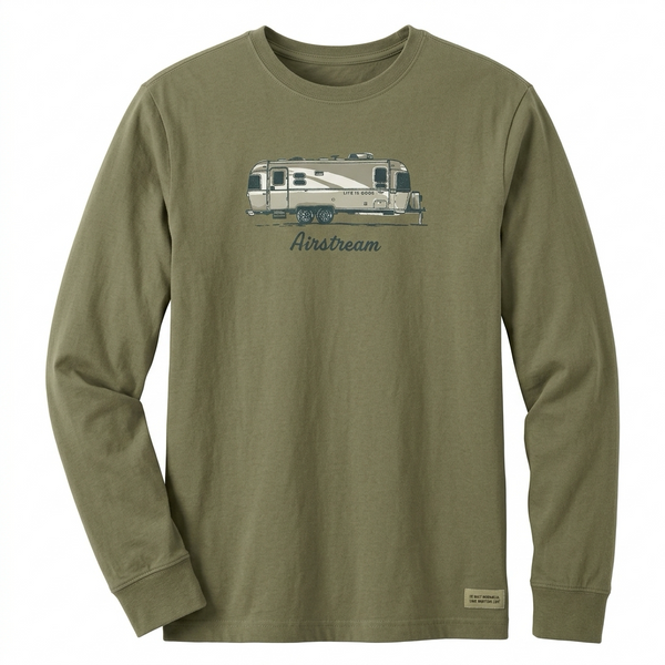 An olive green long-sleeve crewneck t-shirt featuring a vintage-style graphic of an Airstream trailer on the chest with the word 'Airstream' printed below it.