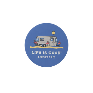 Blue circle sticker with Airstream and flamingos and Life is Good