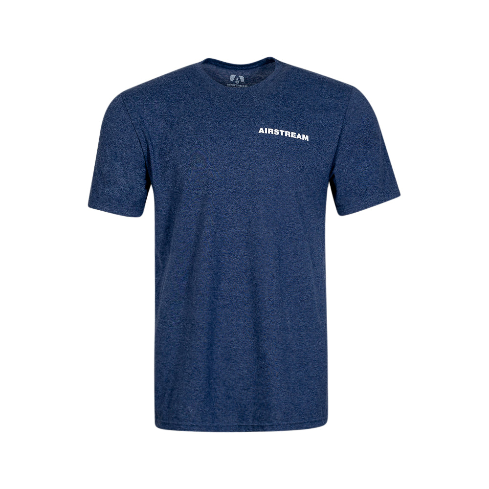 A tri-blend unisex t-shirt in solid navy, featuring the Airstream Dog with Goggles design printed in white on the left chest, shown against a white background—ideal for dog lovers and fans of classic Airstream style.