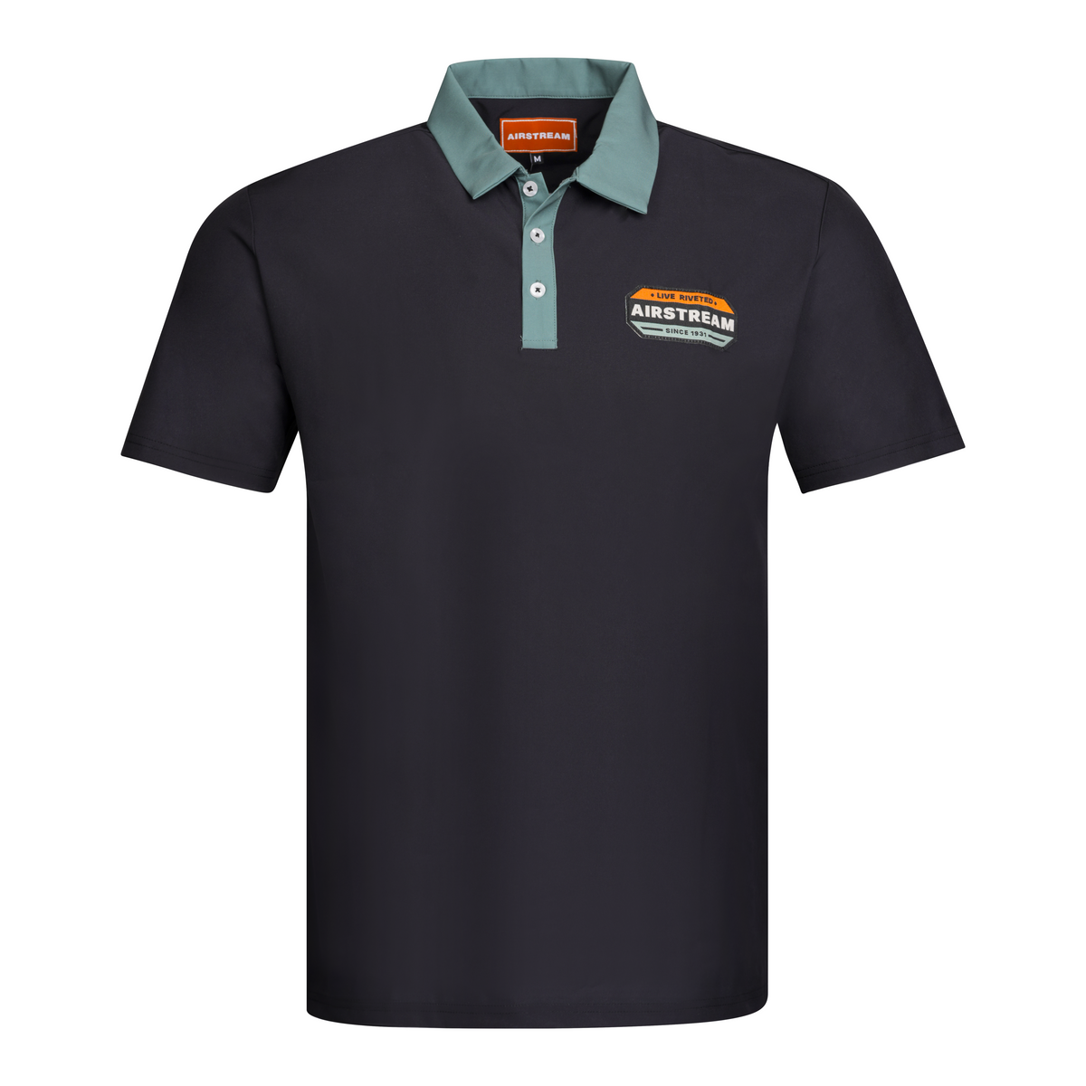 The Airstream Live Riveted 1931 Polo is a black short-sleeve shirt featuring a light blue collar and placket, classic styling, and an Airstream logo patch on the left chest. It’s crafted from durable fabric for lasting comfort and style.