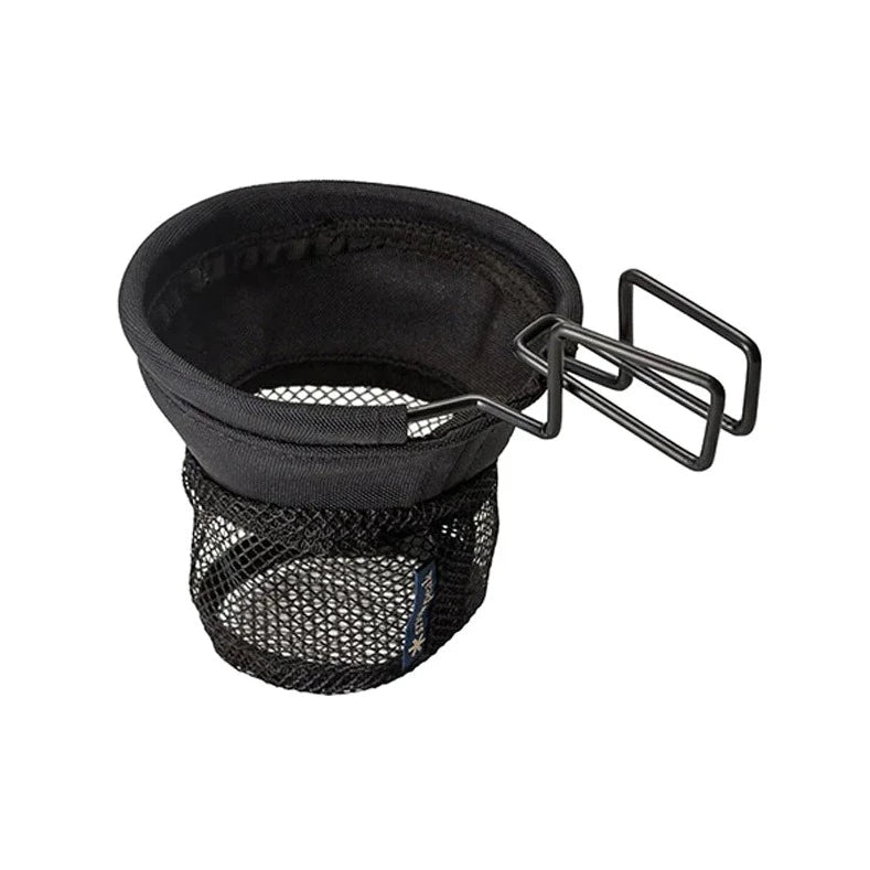 The Snow Peak Low Chair Cup Holder for Low Beach Chair is a black mesh cup holder featuring a round opening and a metal clamp for secure attachment to surfaces, making it an ideal beverage or small item holder for your outdoor gear, including use with the Low Beach Chair.