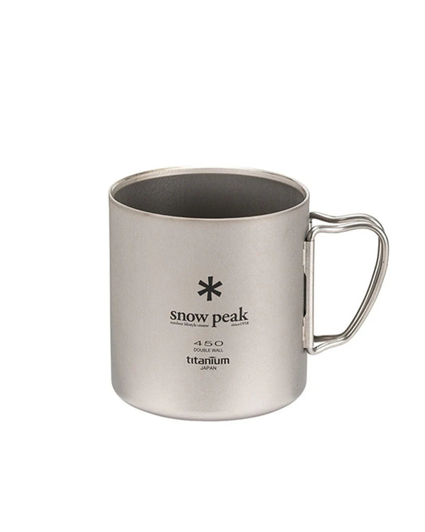 Snow Peak titanium coffee mug on a white background