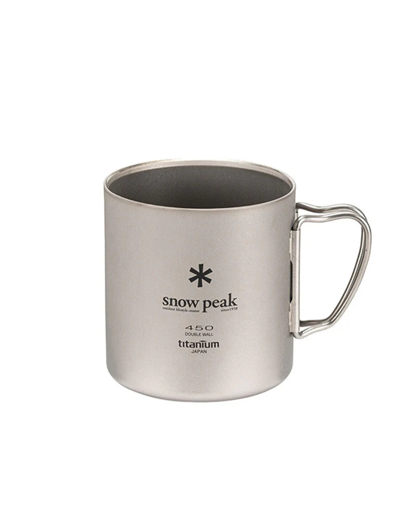 Snow Peak titanium coffee mug on a white background
