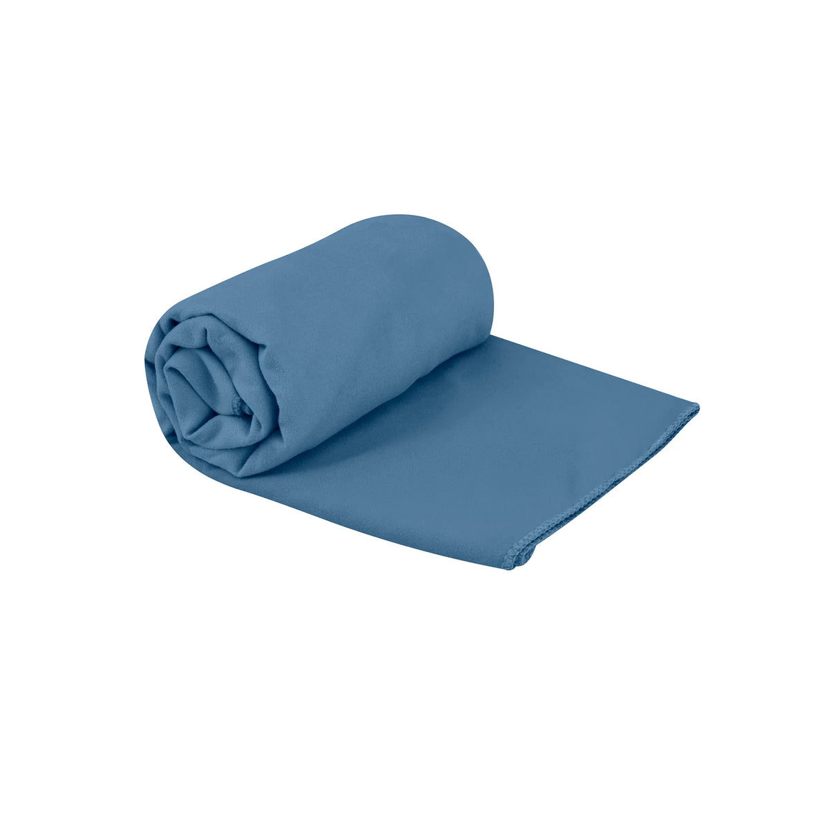 A rolled-up blue towel with one end partially unrolled, displayed on a white background—the Drylite Quick Dry Towel is a perfect lightweight and fast-drying option for any adventure.