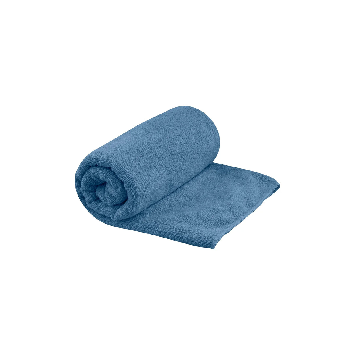 A Tek Quick Dry Towel in blue is shown partially rolled up with one end spread flat against a white background—ideal for drying off quickly after an Airstream shower.