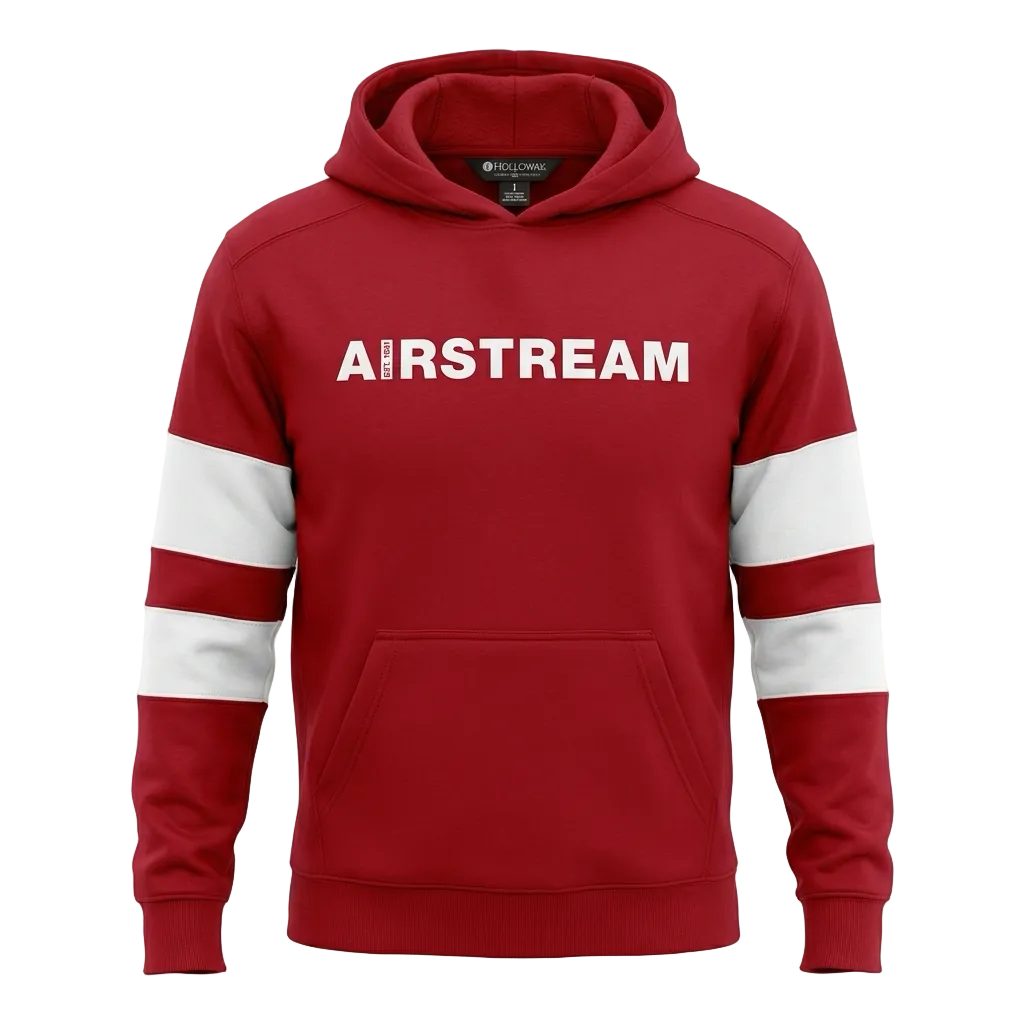 Red hoodie with AIRSTREAM across the chest and white stripes on the sleeves