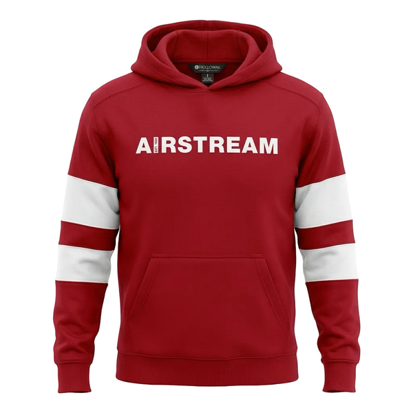 Red hoodie with AIRSTREAM across the chest and white stripes on the sleeves