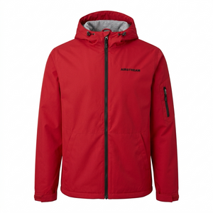 Red tech zip up jacket with black airstream logo on the left chest