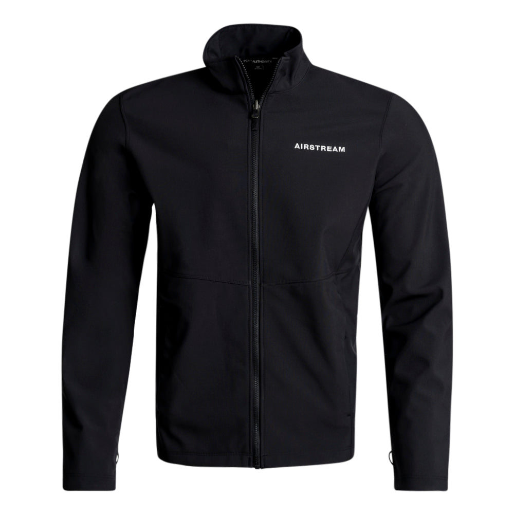 The Airstream Soft Shell Men’s Jacket is a black zip-up with a high collar and long sleeves, featuring the word “AIRSTREAM” in white on the left chest. Designed with a streamlined, fitted silhouette and no visible pockets or extra details, this water-resistant jacket combines modern style with everyday practicality.