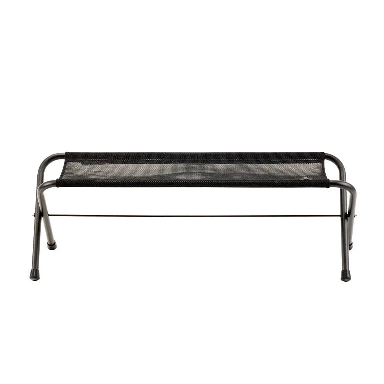 The Snow Peak Folding Mesh Bench is a black mesh elevated pet cot with a collapsible frame and four metal legs, designed for small to medium pets to rest above the ground—perfect as a mesh folding bench or camp seat for your furry companion.