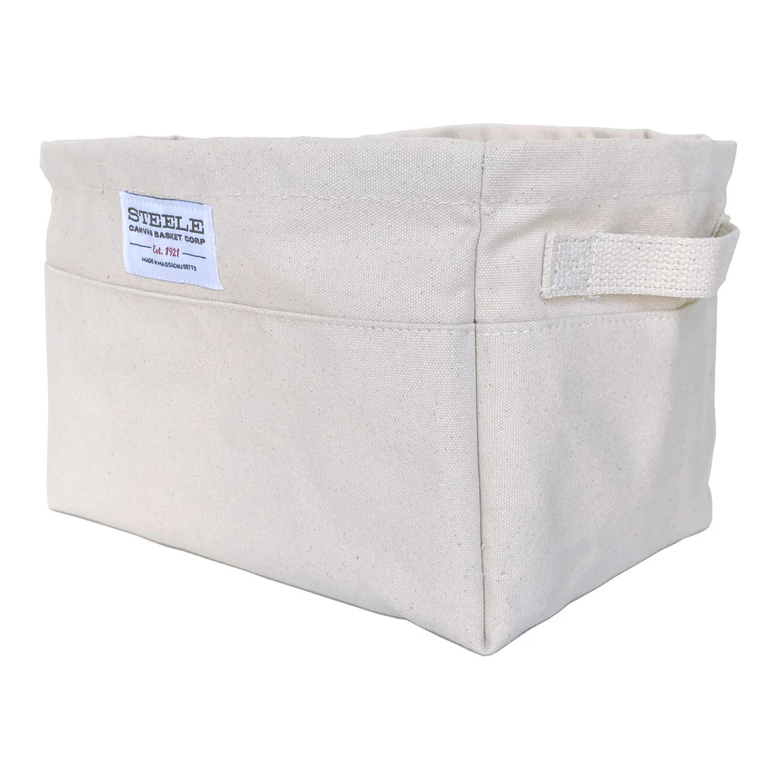 The Small Canvas Storage Bins offer a compact storage solution with their rectangular shape, off-white canvas material, a small label on the front, and a convenient side handle.