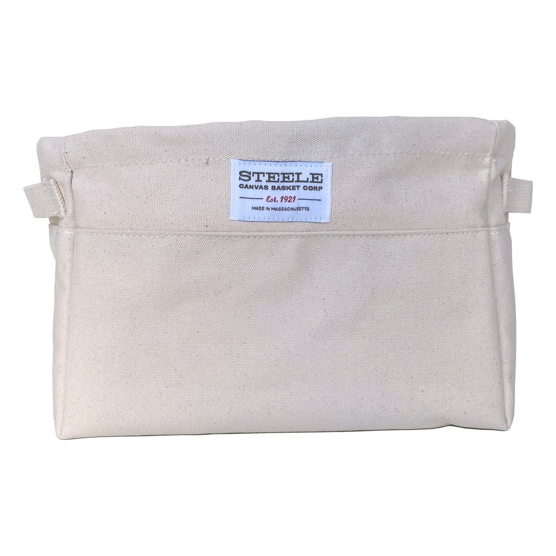 A plain, rectangular off-white pouch labeled STEELE Canvas Basket Corp with two side loops is shown against a white background—a compact Small Canvas Storage Bin ideal for organizing your space.