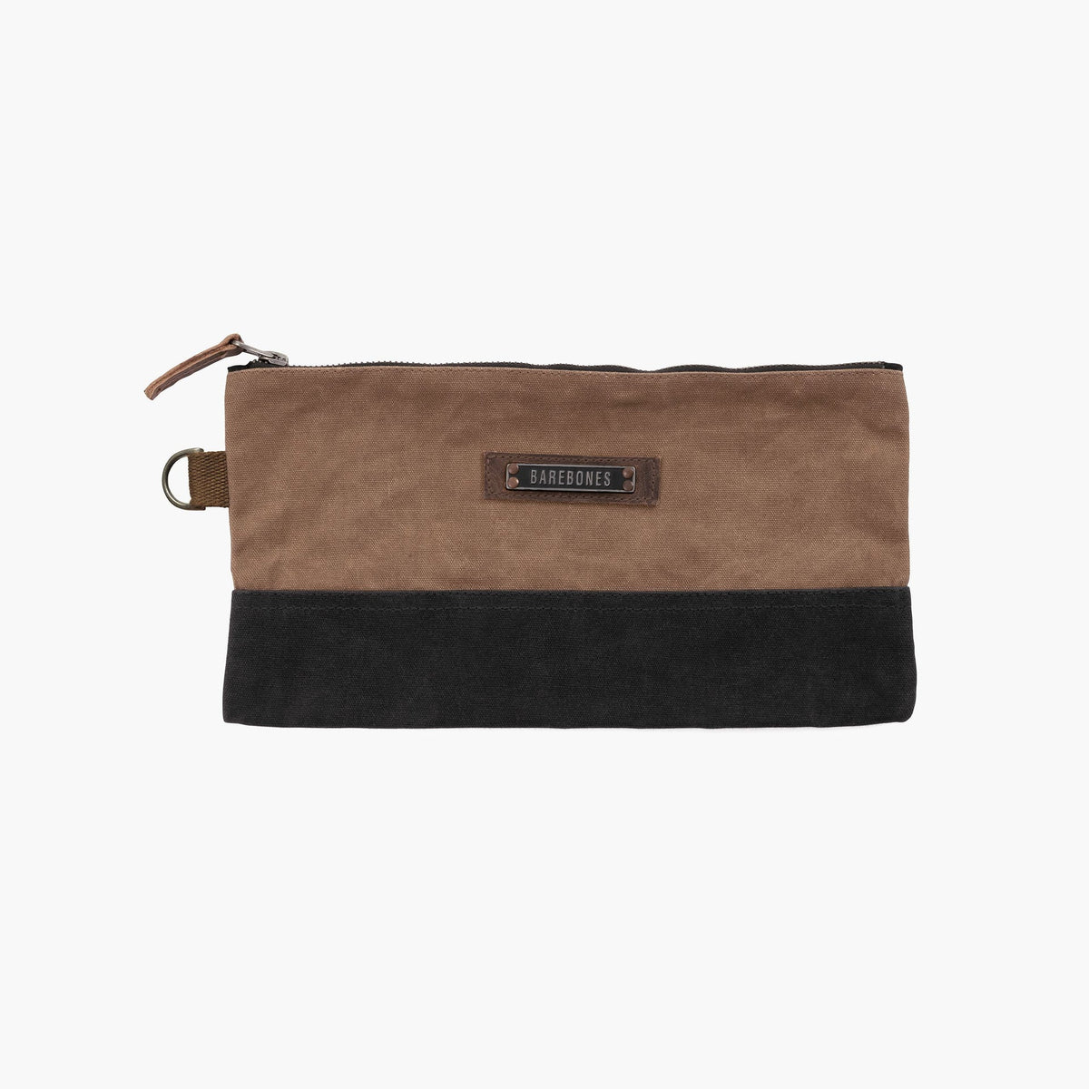 The Neelum Zipper Pouch by Barebones is a rectangular waxed canvas organizer featuring a brown top, black bottom, zipper closure with a leather pull, and a small Barebones label on the front. A metal ring on the left side adds extra versatility to this pouch.