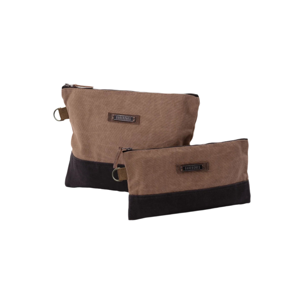 Two Neelum Zipper Pouches by Barebones, crafted from brown waxed canvas with black bases, are displayed against a white background. Each organizer pouch features a small rectangular leather label and a metal ring on one side. The smaller pouch is positioned in front of the larger one.
