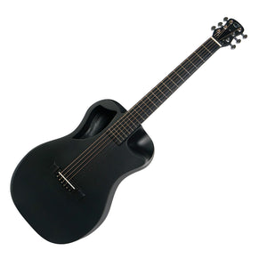A sleek, modern black Collapsible Travel Guitar with a unique cutaway design and no visible sound hole on the front body is displayed on a white background—crafted by Journey Instruments as the ultimate portable acoustic guitar for travel.